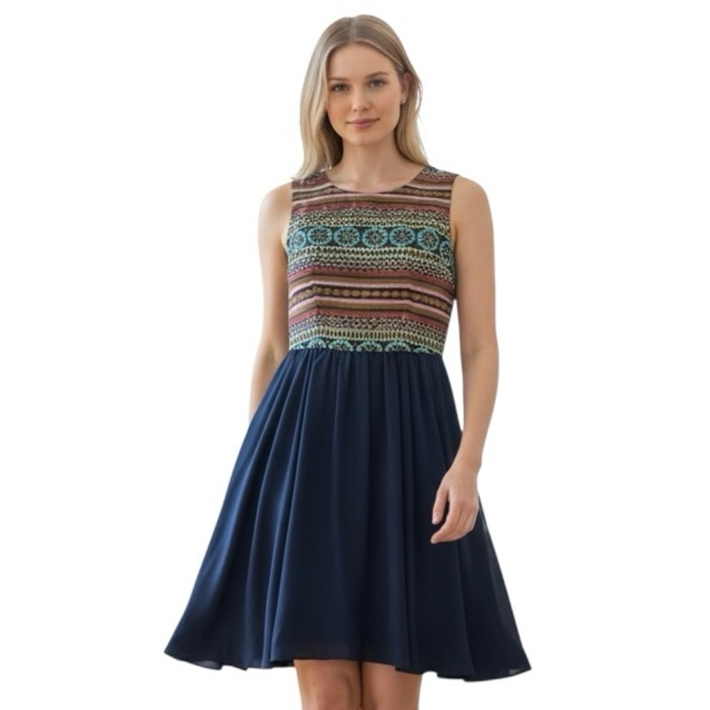 Nomad Morgan Carper Dress Women’s Size 10 Navy Blue Tapestry Bodice Aztec